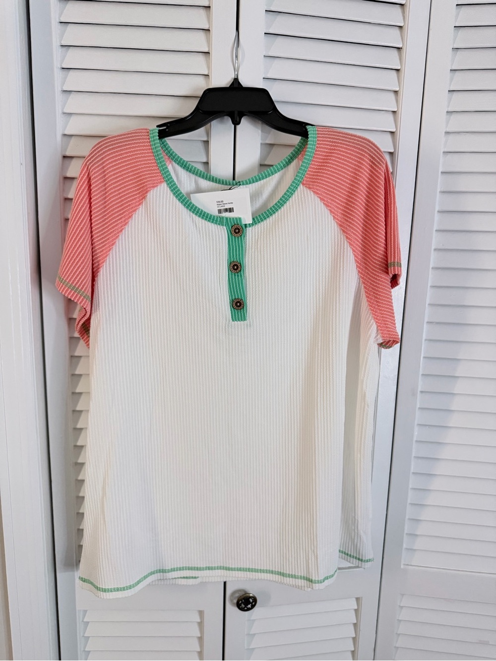 Ribbed Henley Tee with Coral Raglan Sleeves and Mint Trim